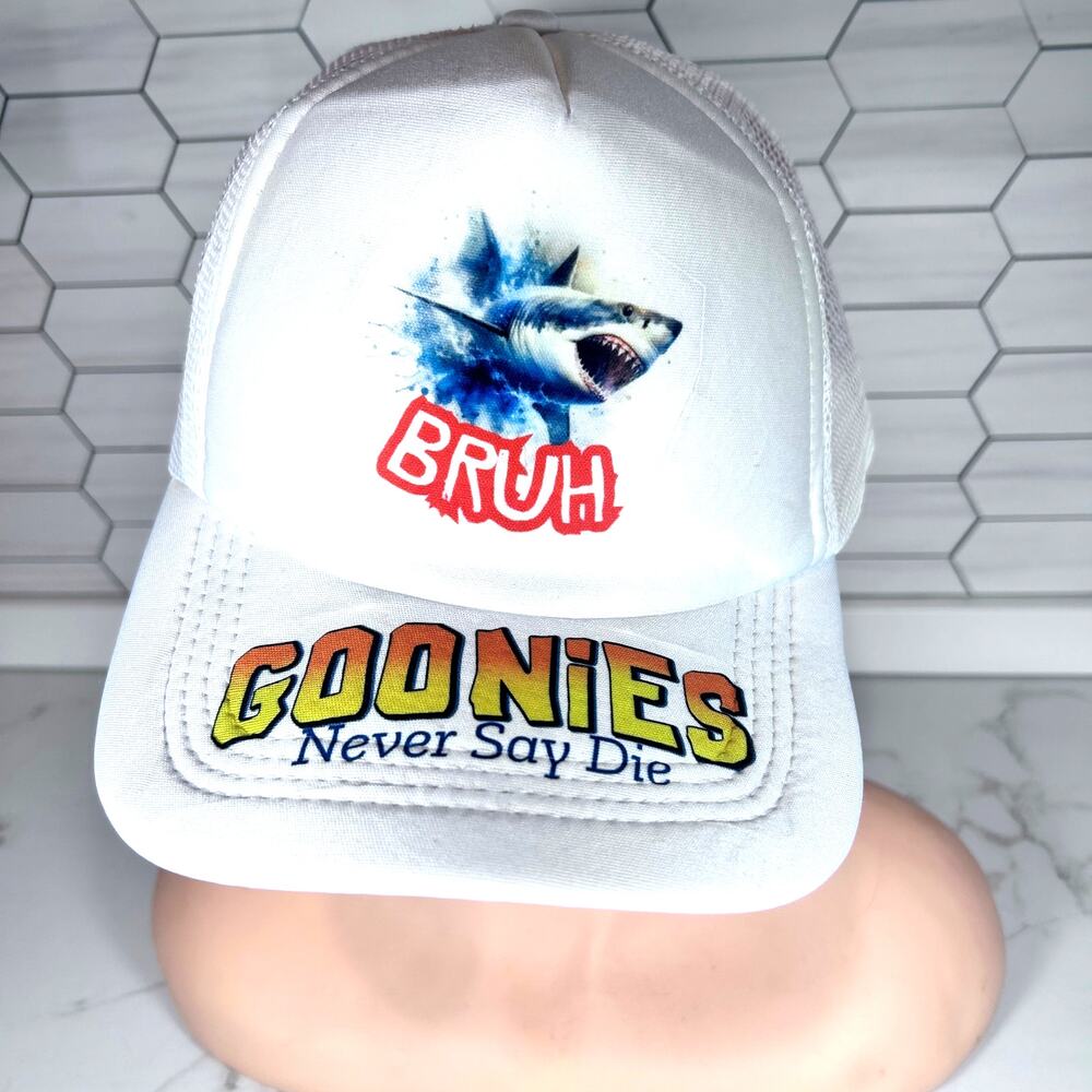 Goonies Never Say Die Trucker Hat White Mesh Snapback Shark Bruh Graphic Rave